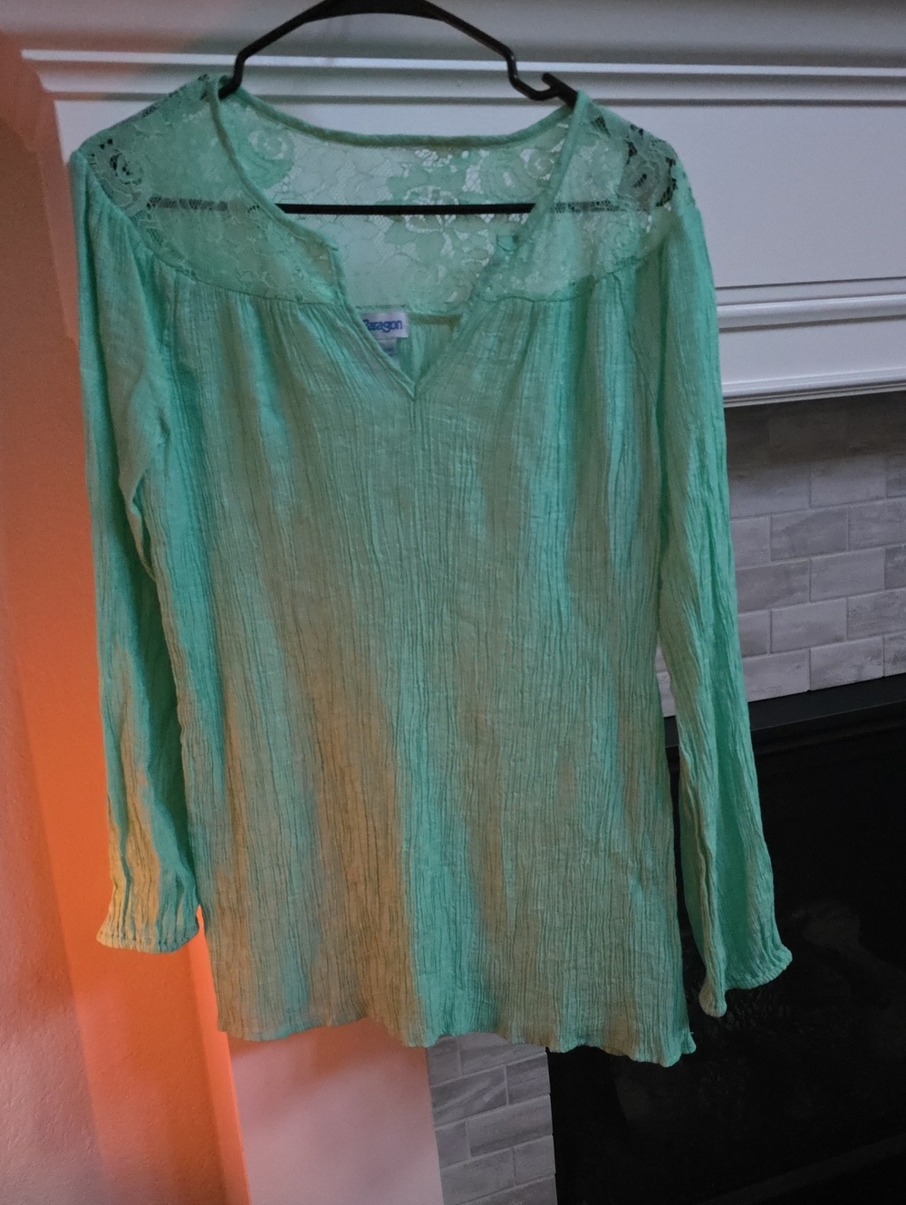 Lace-Yoke Long Sleeve Tunic Top - Mint Green
